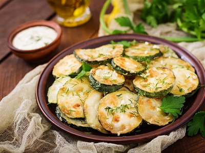 Oven-Roasted Zucchini with Creamy Dill Sauce
